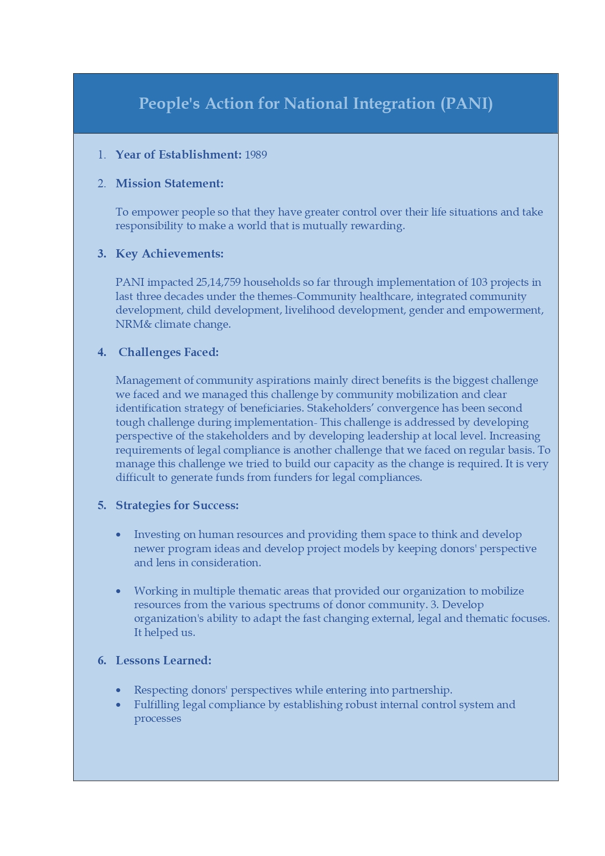 People's Action for National Integration (PANI)